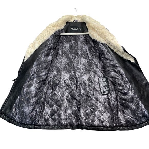 Guess Black XS Polyurethane Insulated Coat Belted Pockets Faux Fur‎ Collar WARM - Picture 6 of 8